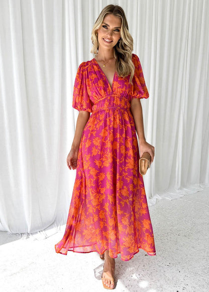 Women's Floral V-Neck Maxi Dress with Puff Sleeves