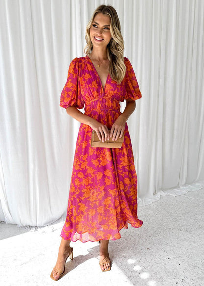 Women's Floral V-Neck Maxi Dress with Puff Sleeves
