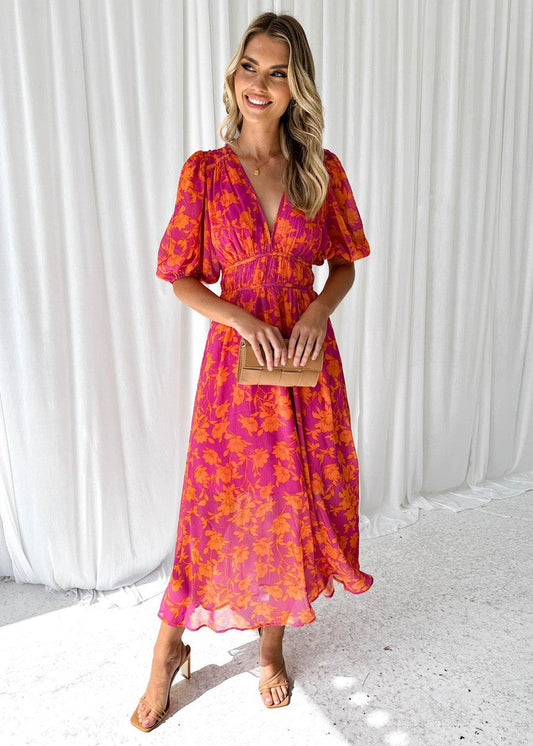 Women's Floral V-Neck Maxi Dress with Puff Sleeves