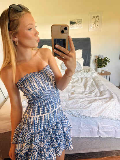 Women's Strapless Ruched Mini Dress with Ruffle Tiered Skirt