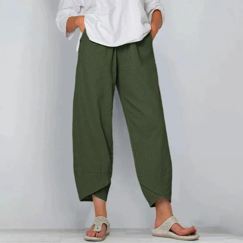 Women's Loose-Fit Cropped Pants with Overlap Hem Detail