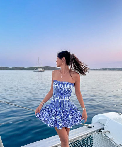 Women's Strapless Ruched Mini Dress with Ruffle Tiered Skirt