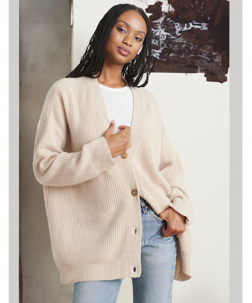 Women's Oversized Button Cardigan with Cozy Ribbed Knit Texture