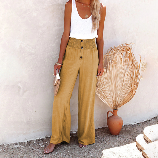 Women's High-Waisted Wide-Leg Pants with Smocked Waistband