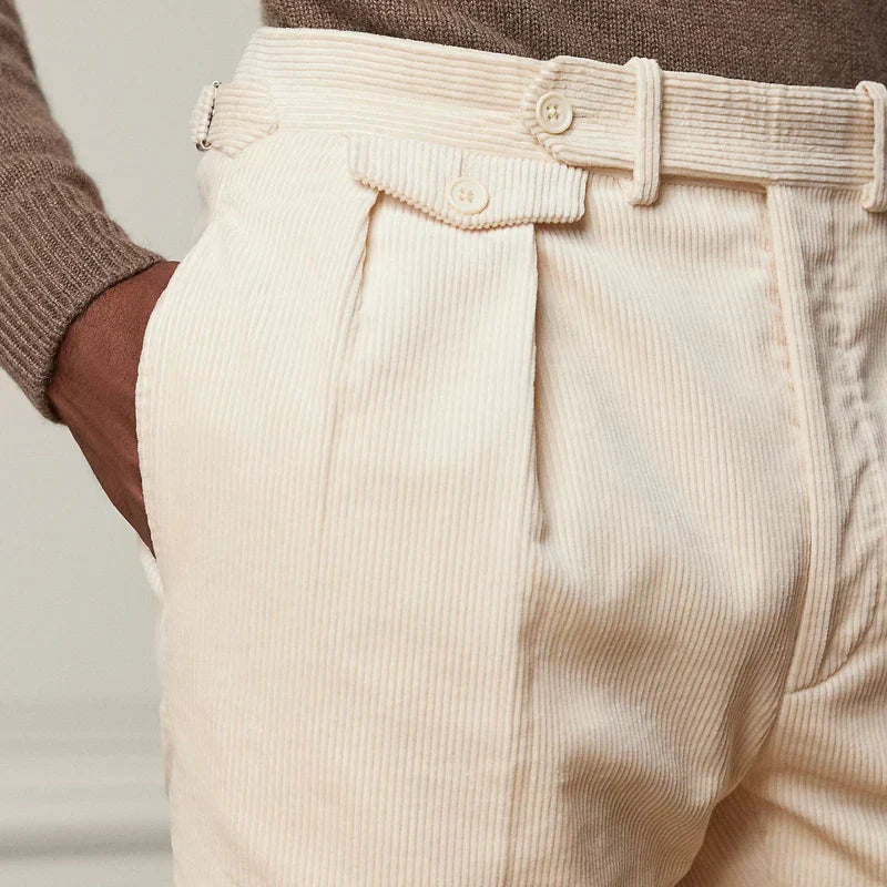 Men's Corduroy Trousers Elegant High Waist Pleated Straight Fit