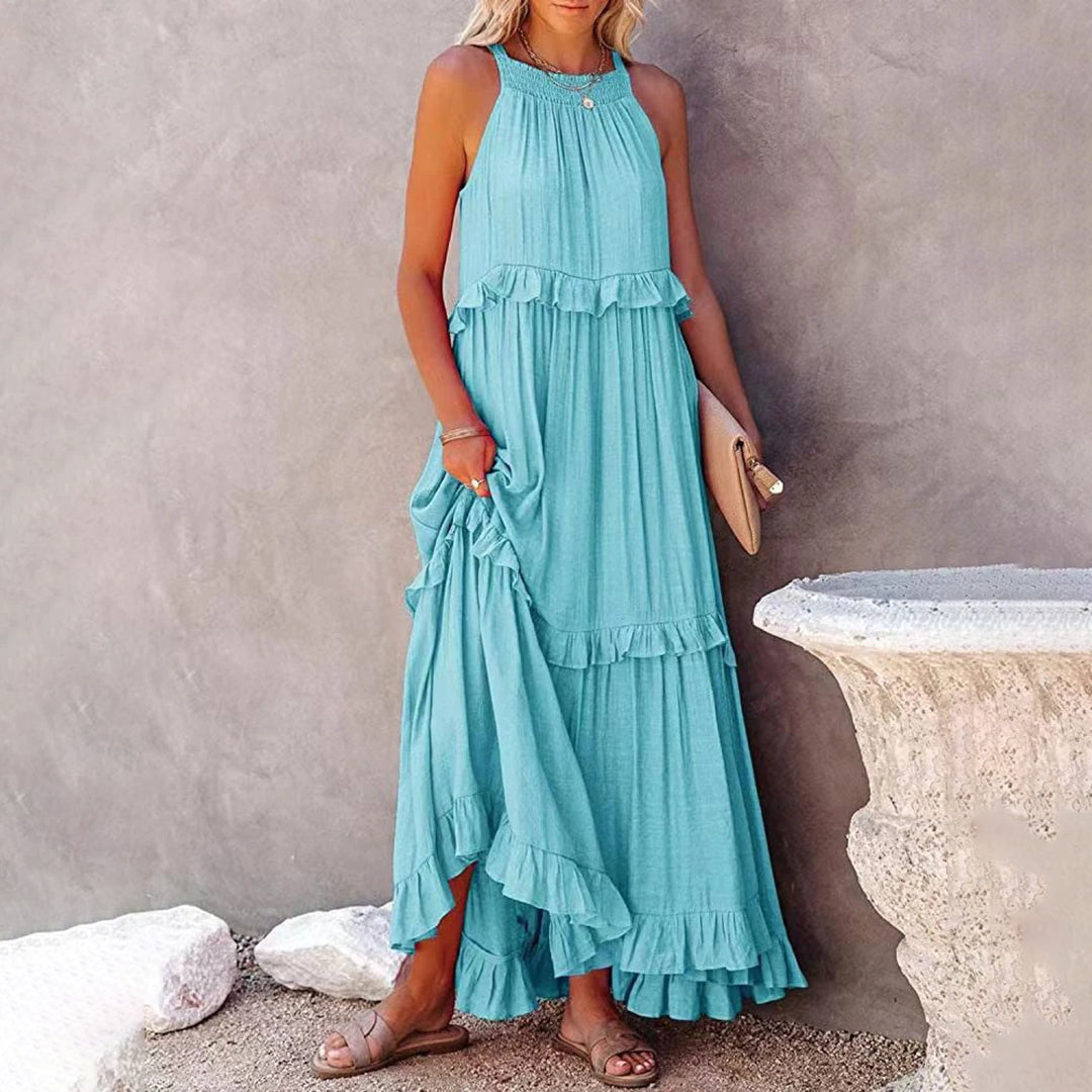 Women's Ruffled Halter Neck Maxi Dress with Layered Hemline