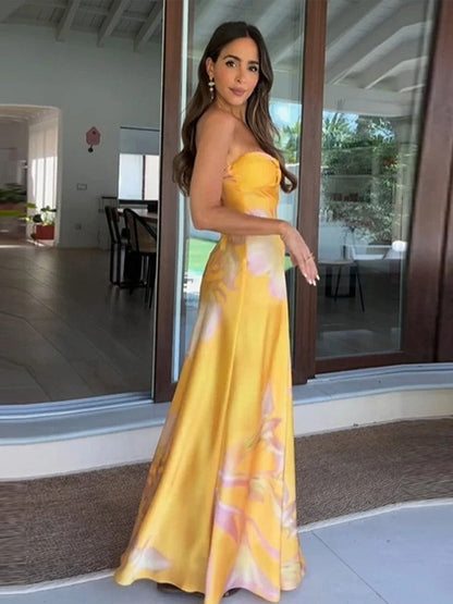 Women's Strapless Maxi Dress with Subtle Tie-Dye and Flowing Fit