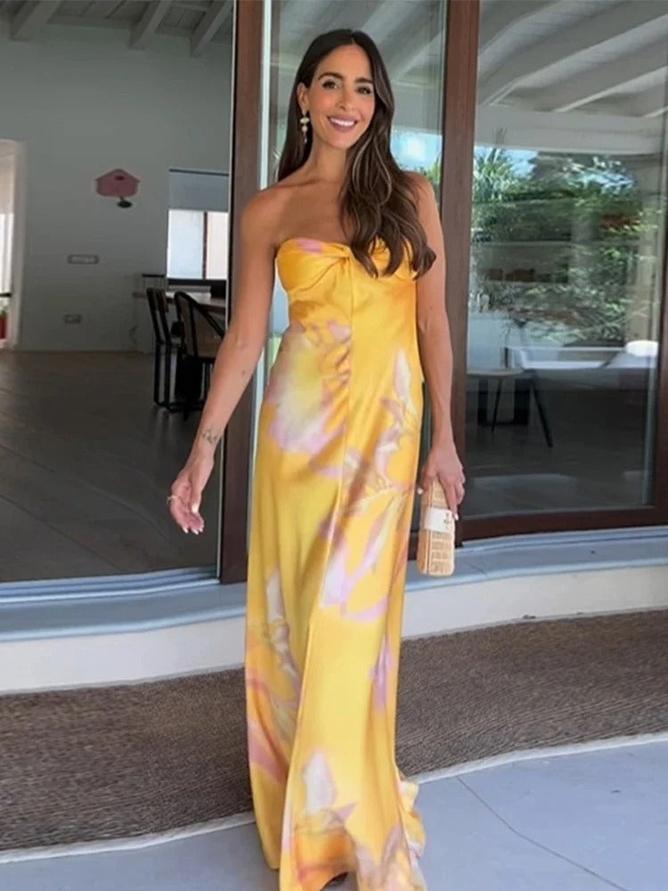 Women's Strapless Maxi Dress with Subtle Tie-Dye and Flowing Fit