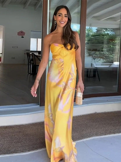 Women's Strapless Maxi Dress with Subtle Tie-Dye and Flowing Fit