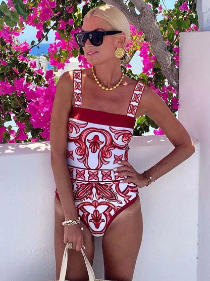 Women's Baroque Print Two-Piece Strapless Top and Wide-Leg Pants