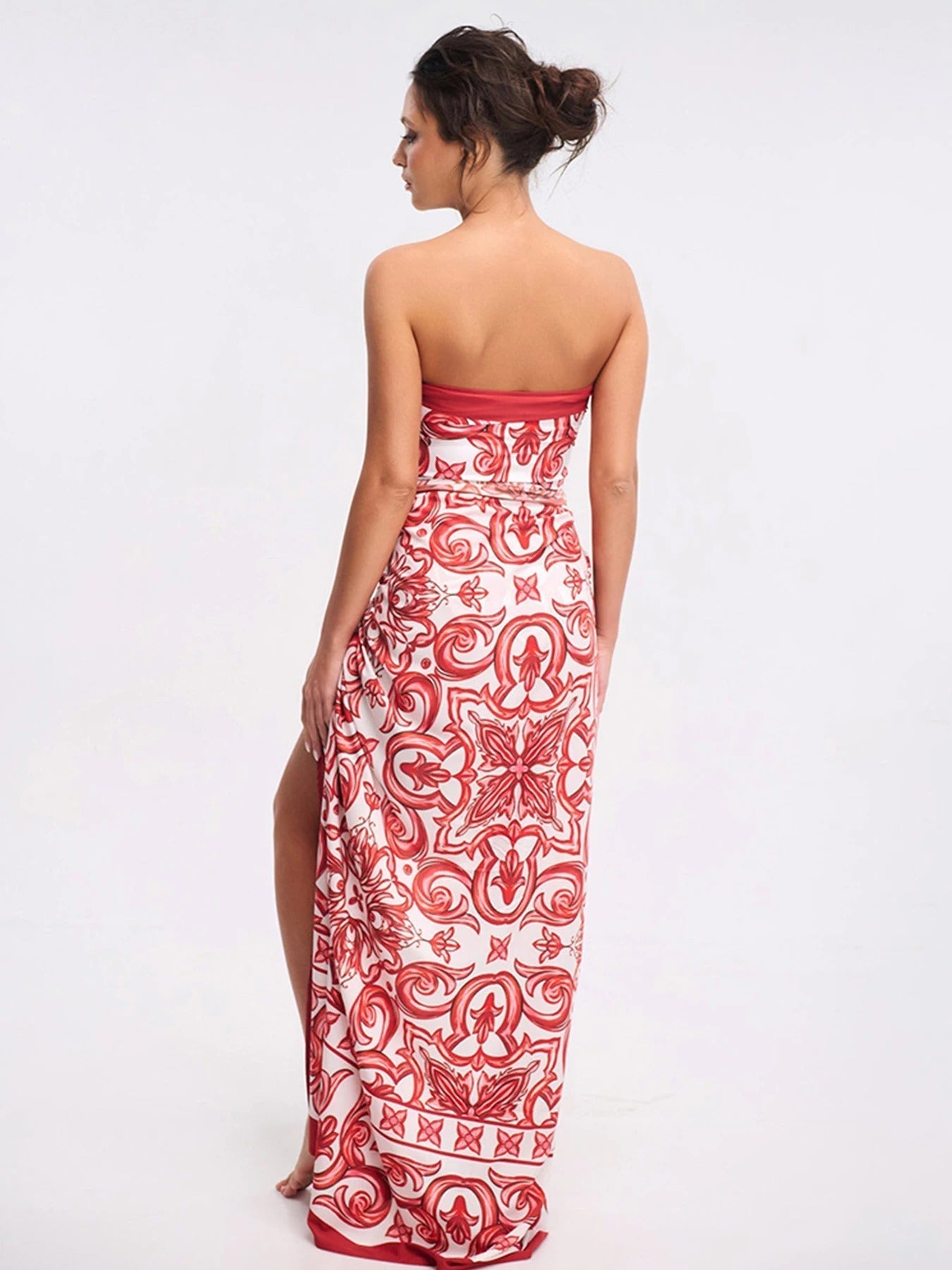 Women's Baroque Print Two-Piece Strapless Top and Wide-Leg Pants
