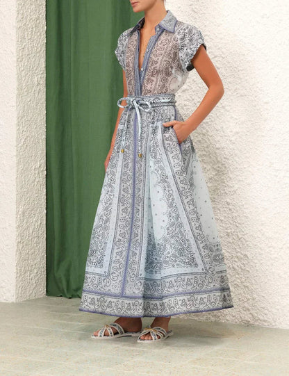 Women's Paisley Print Maxi Dress with Belted Waist