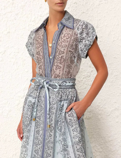 Women's Paisley Print Maxi Dress with Belted Waist