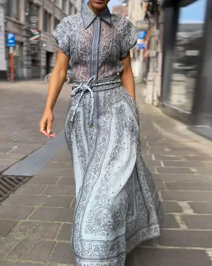 Women's Paisley Print Maxi Dress with Belted Waist