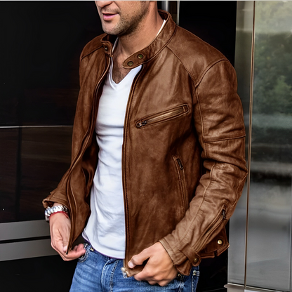 Men's Leather Jacket with Stand Collar and Functional Zip Details