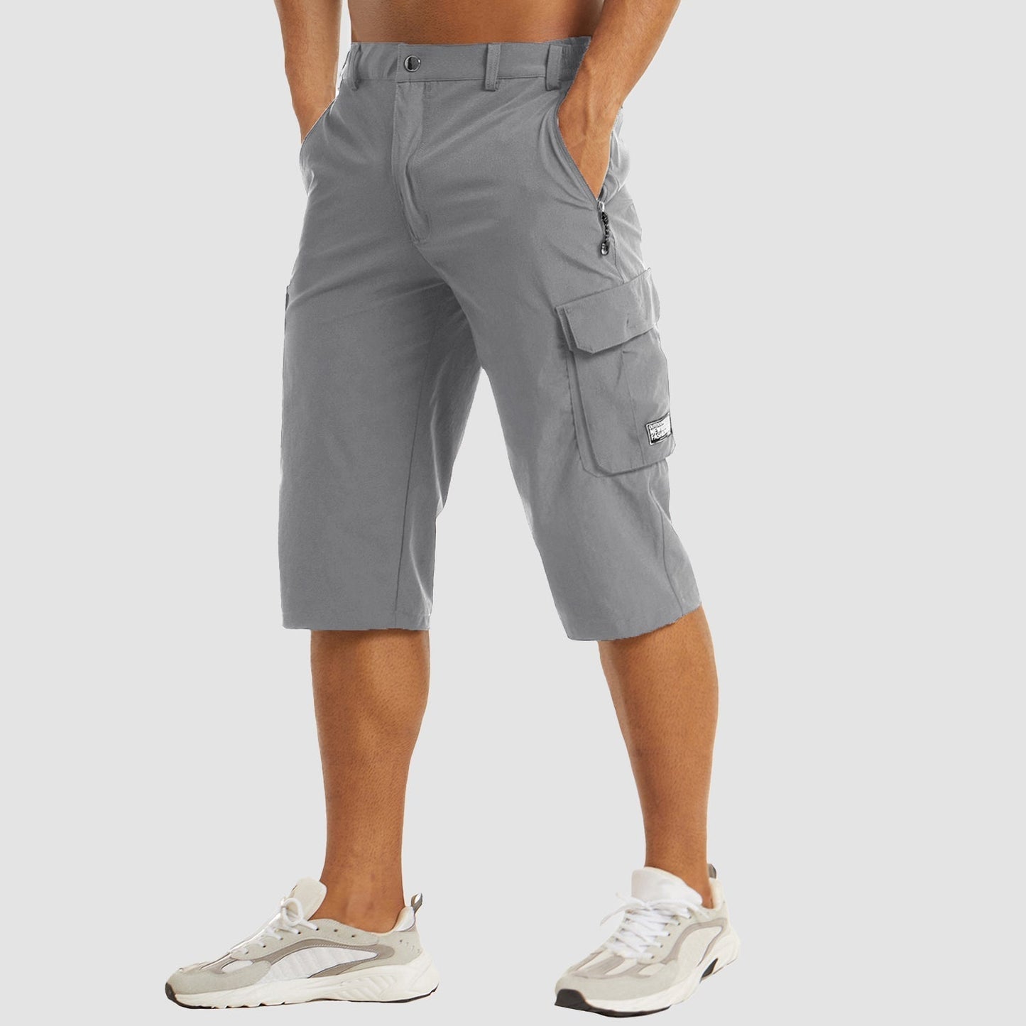 Men's Knee-Length Cargo Shorts with Side Pockets and Zip Closure