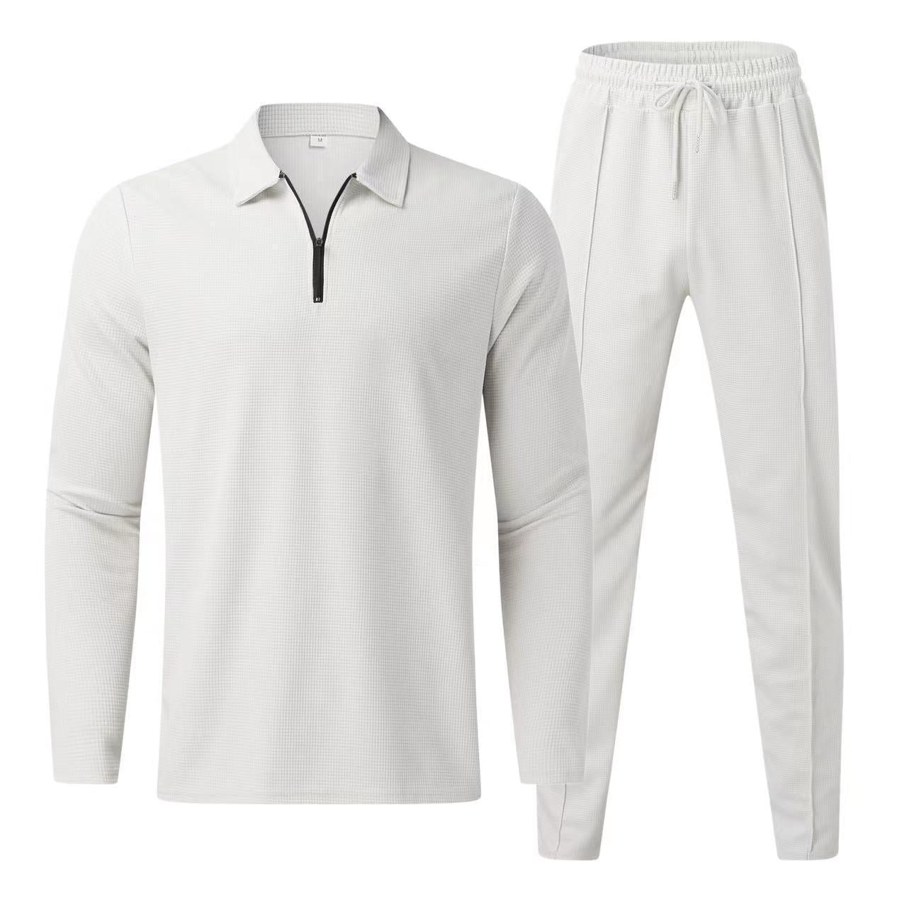 Men's Tracksuit Two Piece Set with Zip Polo Top and Jogger Pants