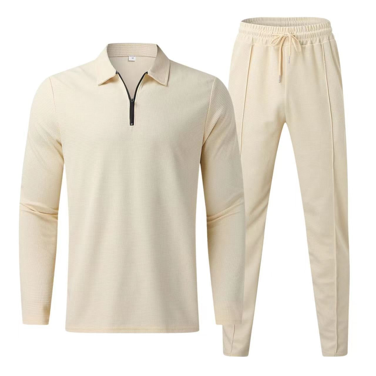 Men's Tracksuit Two Piece Set with Zip Polo Top and Jogger Pants