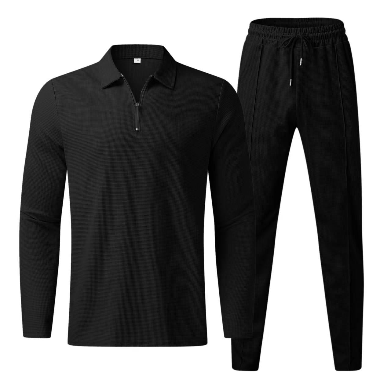 Men's Tracksuit Two Piece Set with Zip Polo Top and Jogger Pants