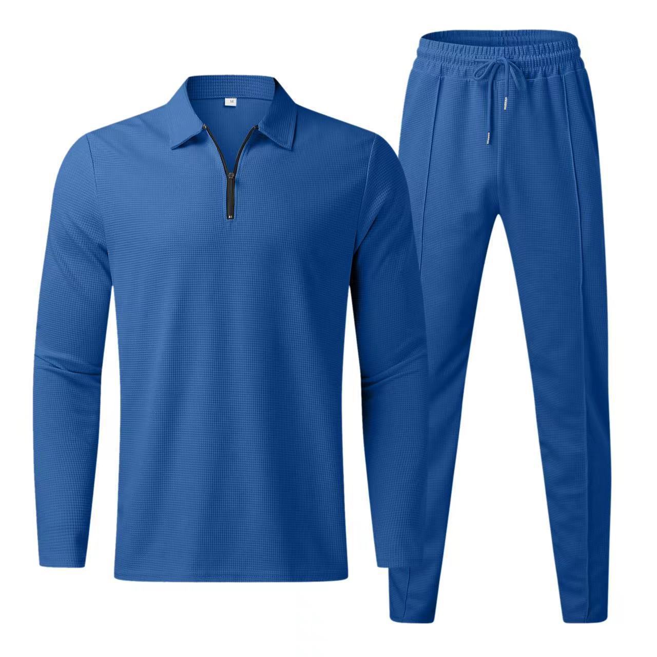 Men's Tracksuit Two Piece Set with Zip Polo Top and Jogger Pants