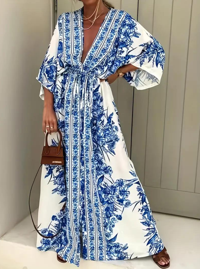 Women's V-Neck Kimono Sleeve Maxi Dress with Floral Print and Belt