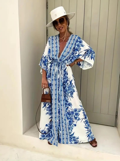 Women's V-Neck Kimono Sleeve Maxi Dress with Floral Print and Belt