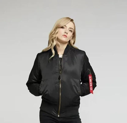Women's Windproof Bomber Jacket with Zip Pocket and Ribbed Cuffs