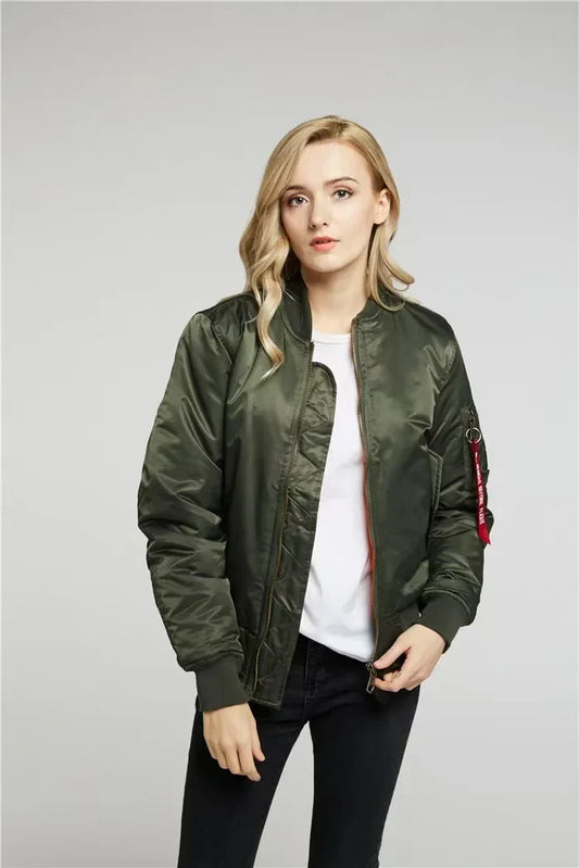 Women's Windproof Bomber Jacket with Zip Pocket and Ribbed Cuffs