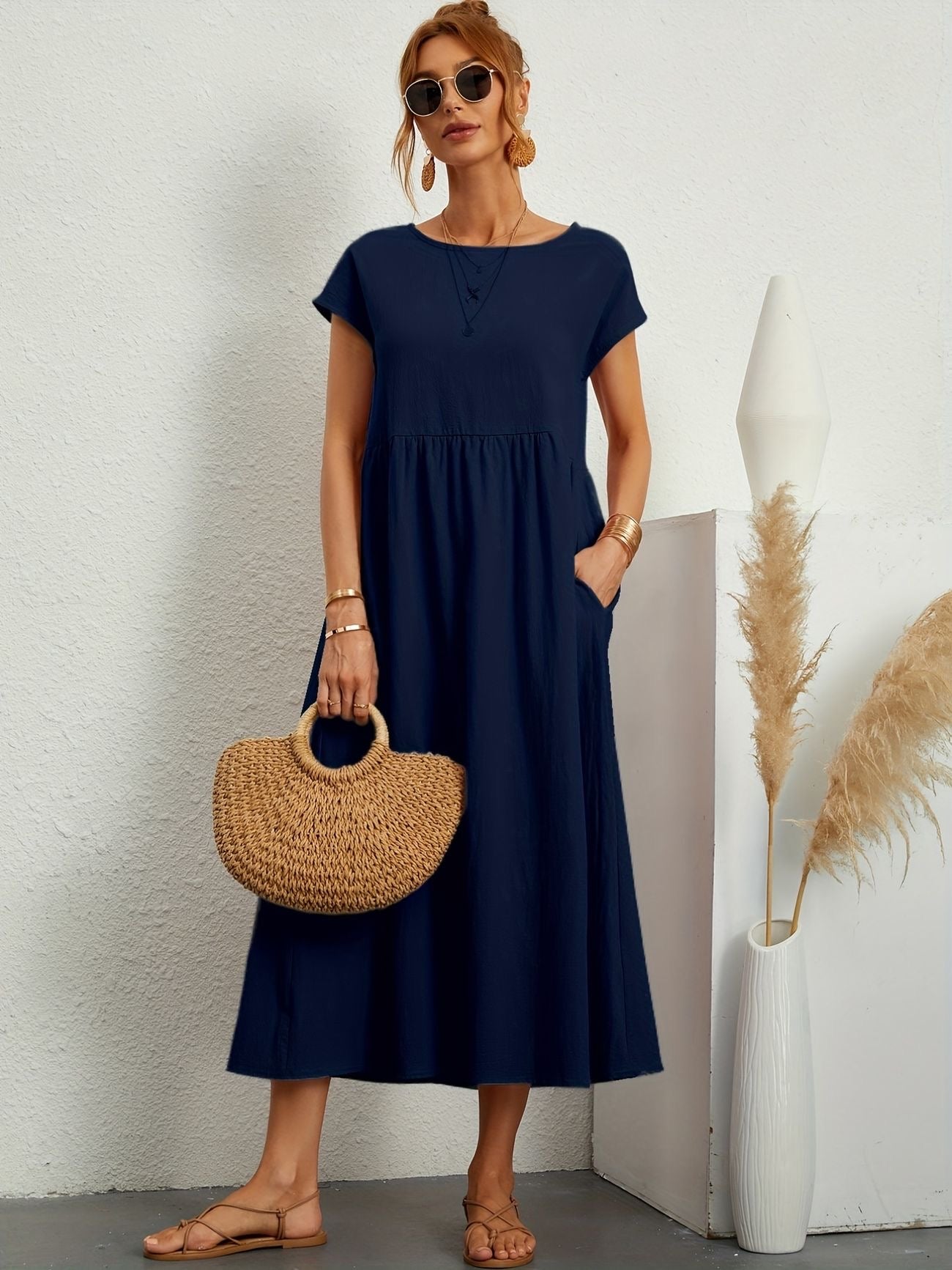 Summer Midi Dress for Women with Short Sleeves and Flowy Silhouette