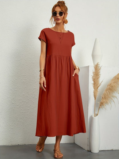 Summer Midi Dress for Women with Short Sleeves and Flowy Silhouette