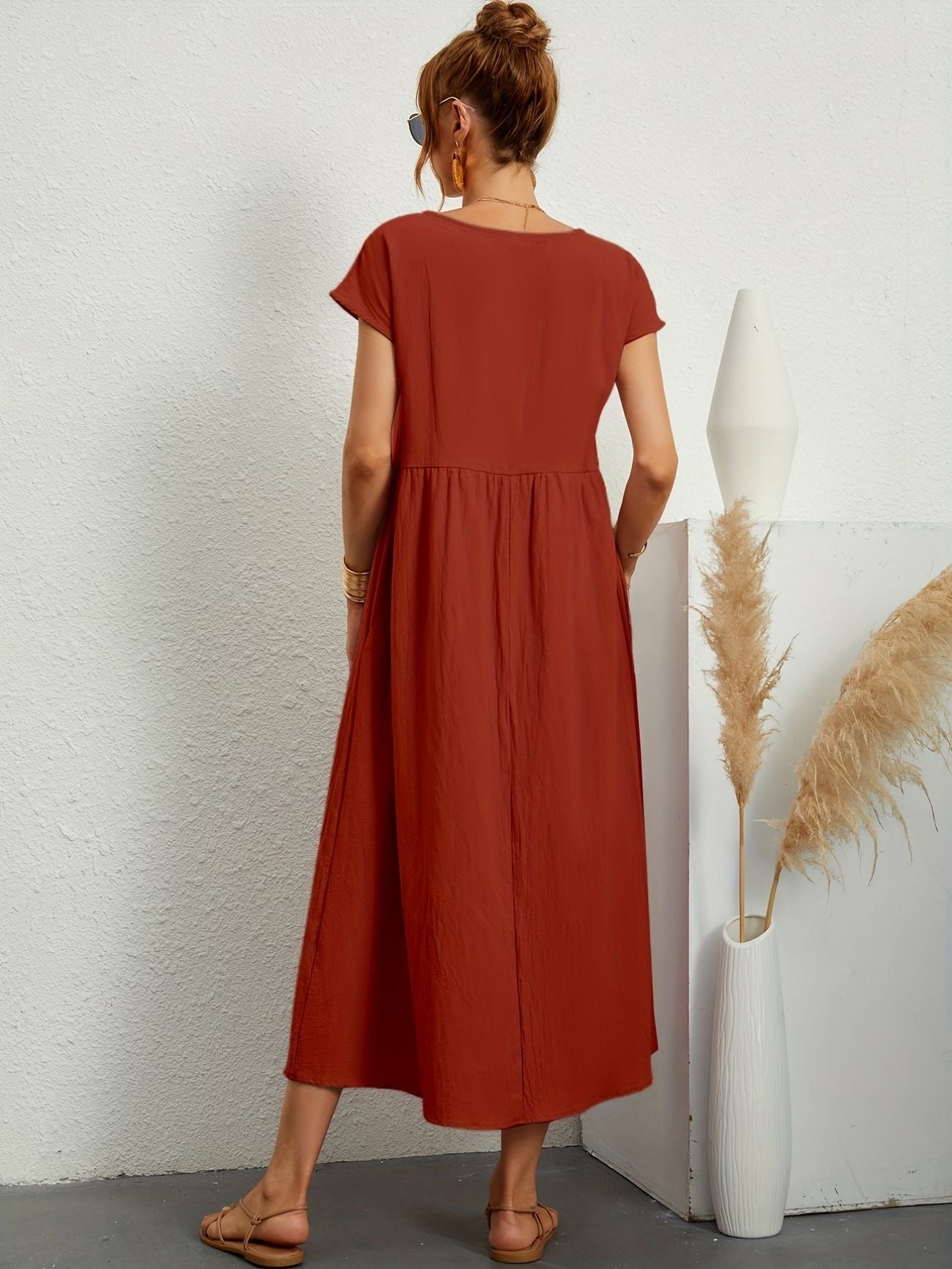 Summer Midi Dress for Women with Short Sleeves and Flowy Silhouette