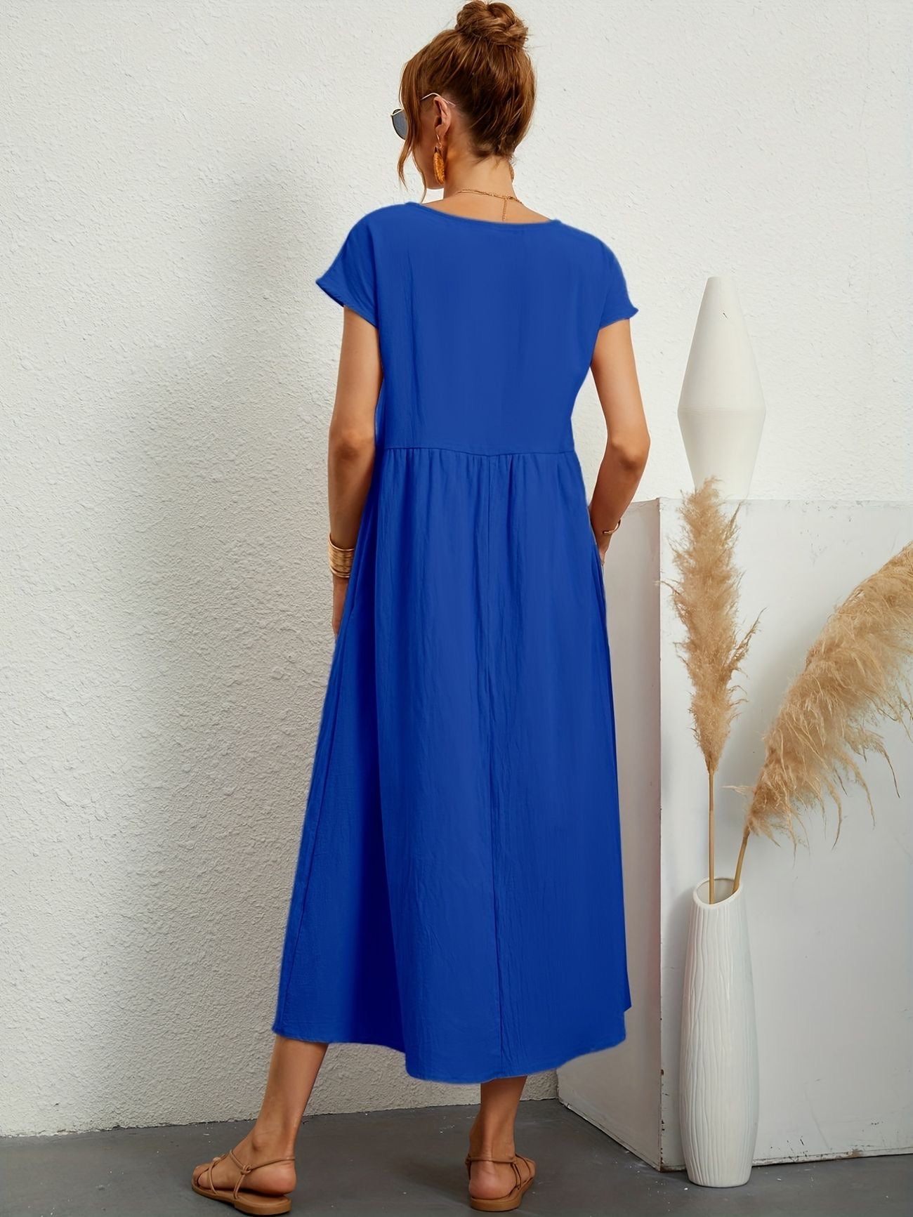 Summer Midi Dress for Women with Short Sleeves and Flowy Silhouette