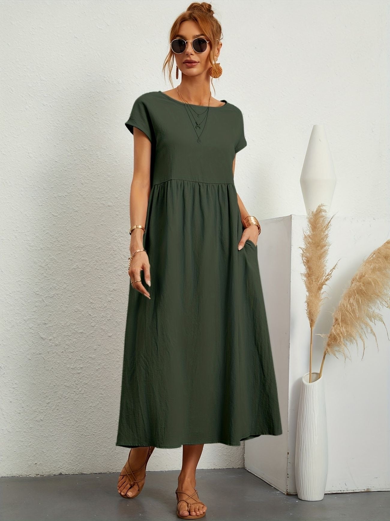 Summer Midi Dress for Women with Short Sleeves and Flowy Silhouette