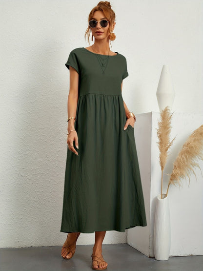 Summer Midi Dress for Women with Short Sleeves and Flowy Silhouette
