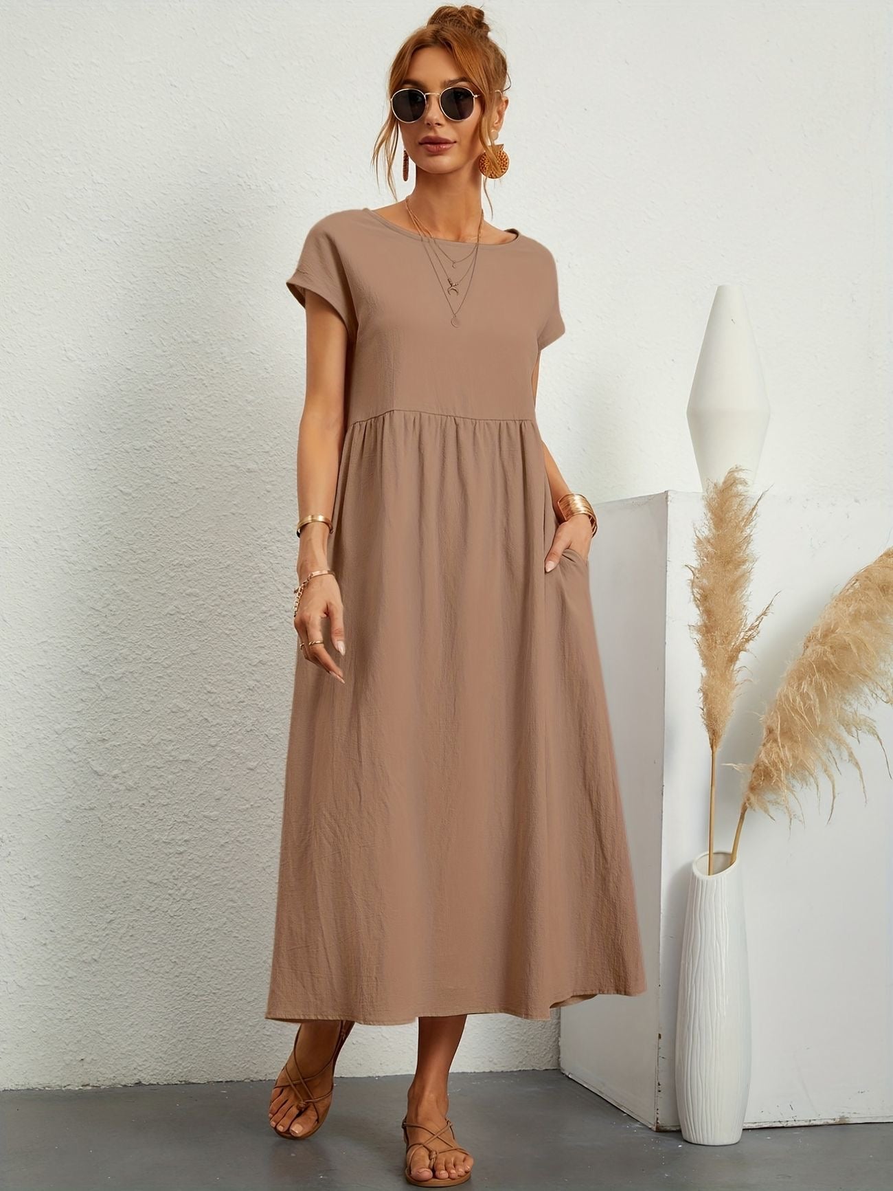 Summer Midi Dress for Women with Short Sleeves and Flowy Silhouette