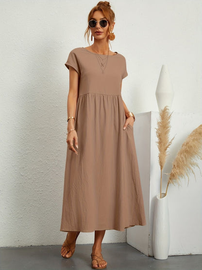 Summer Midi Dress for Women with Short Sleeves and Flowy Silhouette