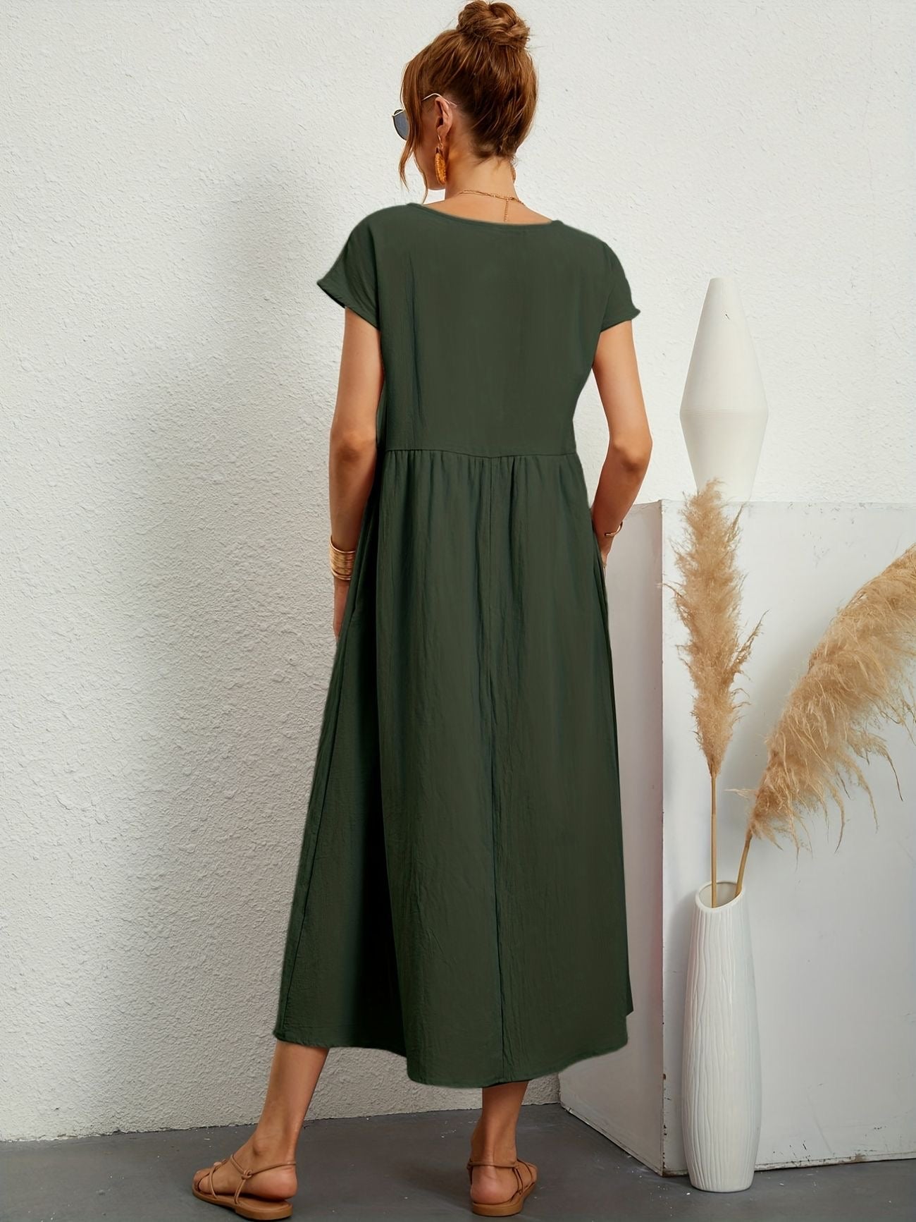 Summer Midi Dress for Women with Short Sleeves and Flowy Silhouette