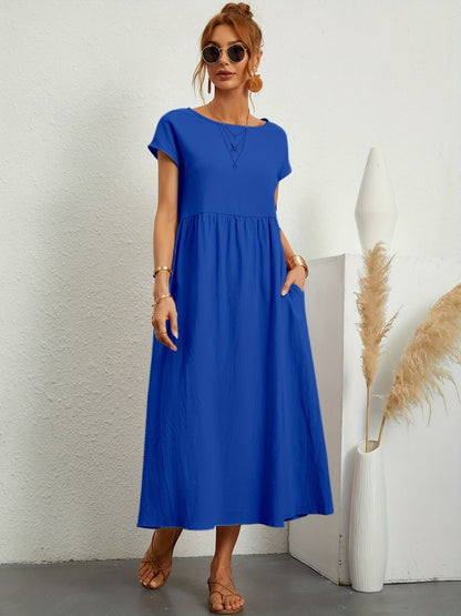 Summer Midi Dress for Women with Short Sleeves and Flowy Silhouette