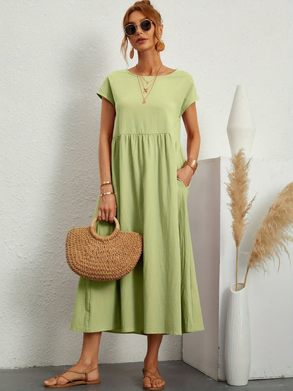 Summer Midi Dress for Women with Short Sleeves and Flowy Silhouette