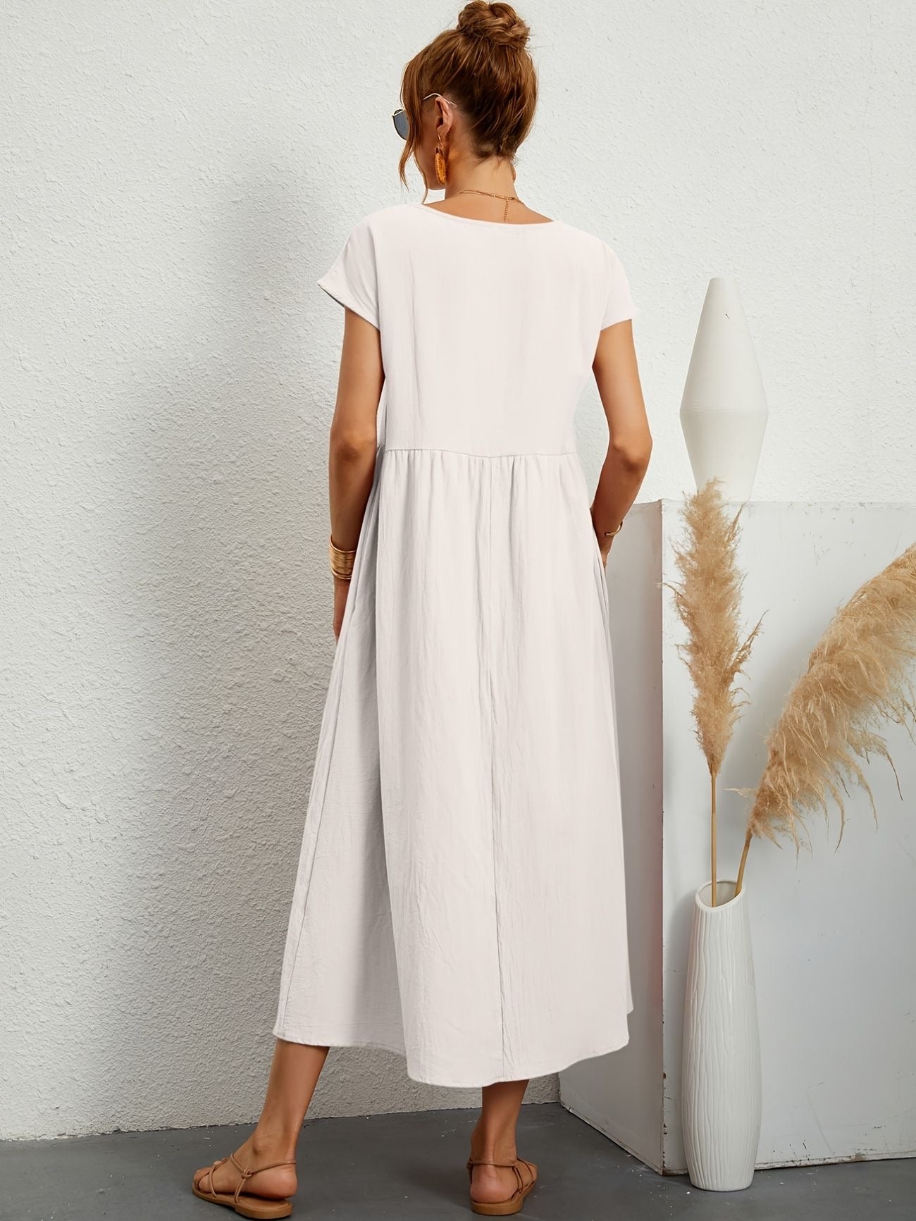 Summer Midi Dress for Women with Short Sleeves and Flowy Silhouette