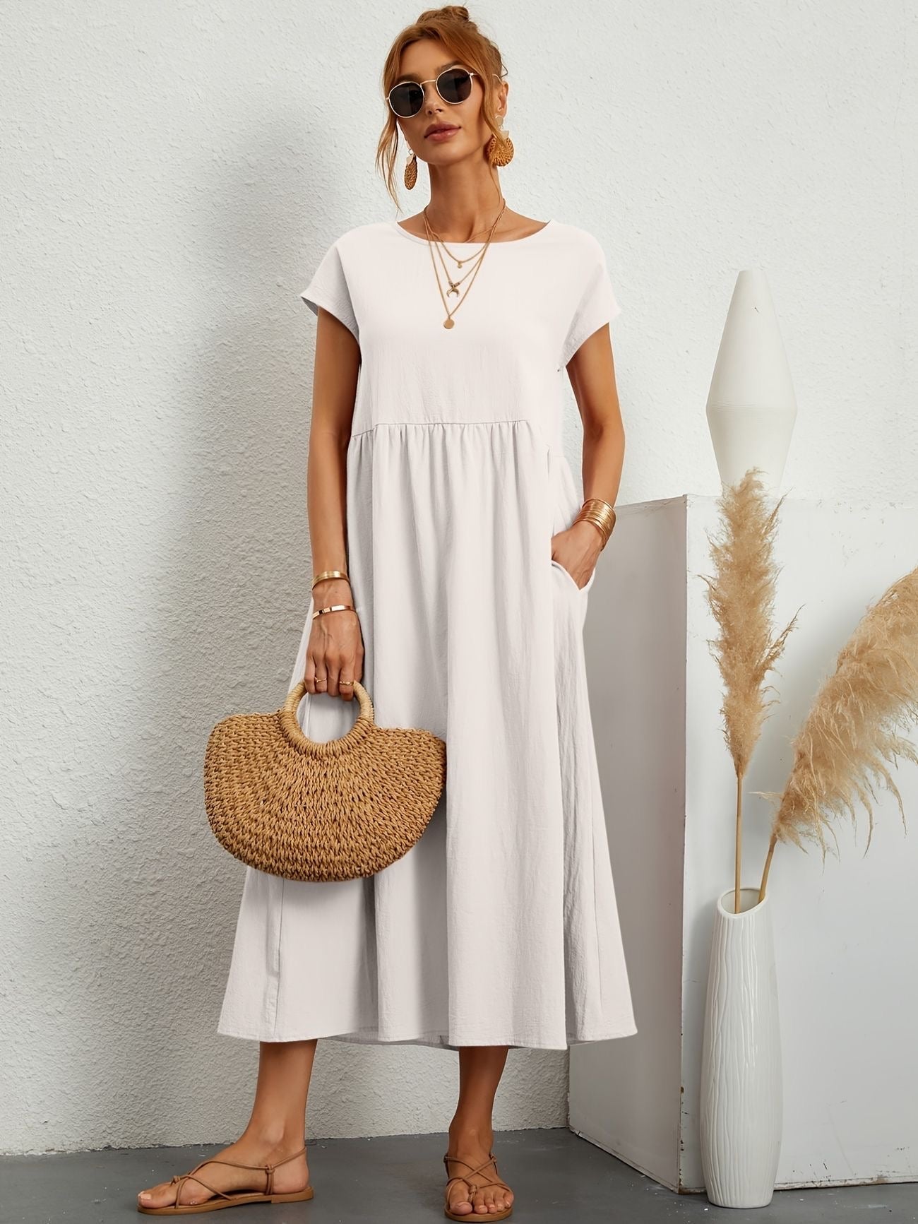 Summer Midi Dress for Women with Short Sleeves and Flowy Silhouette