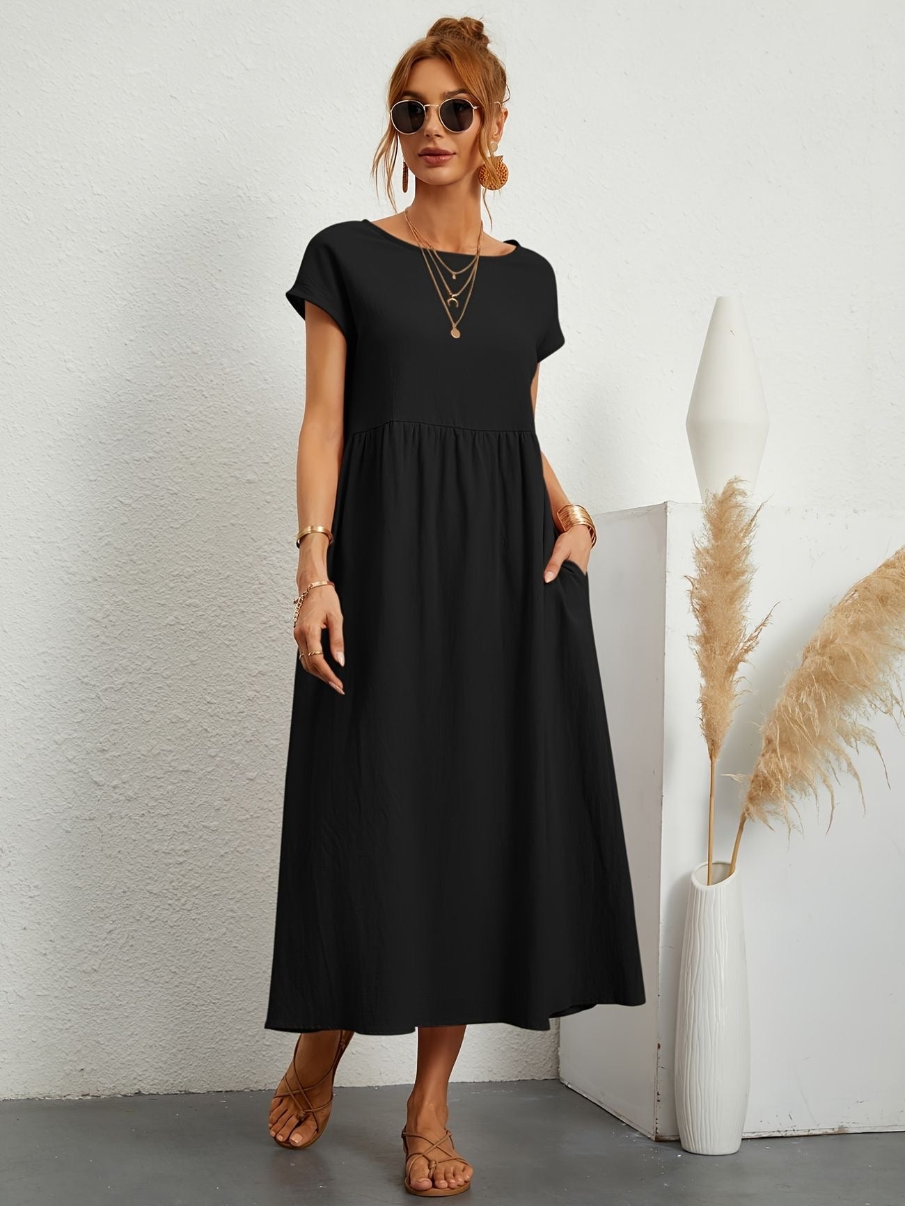 Summer Midi Dress for Women with Short Sleeves and Flowy Silhouette