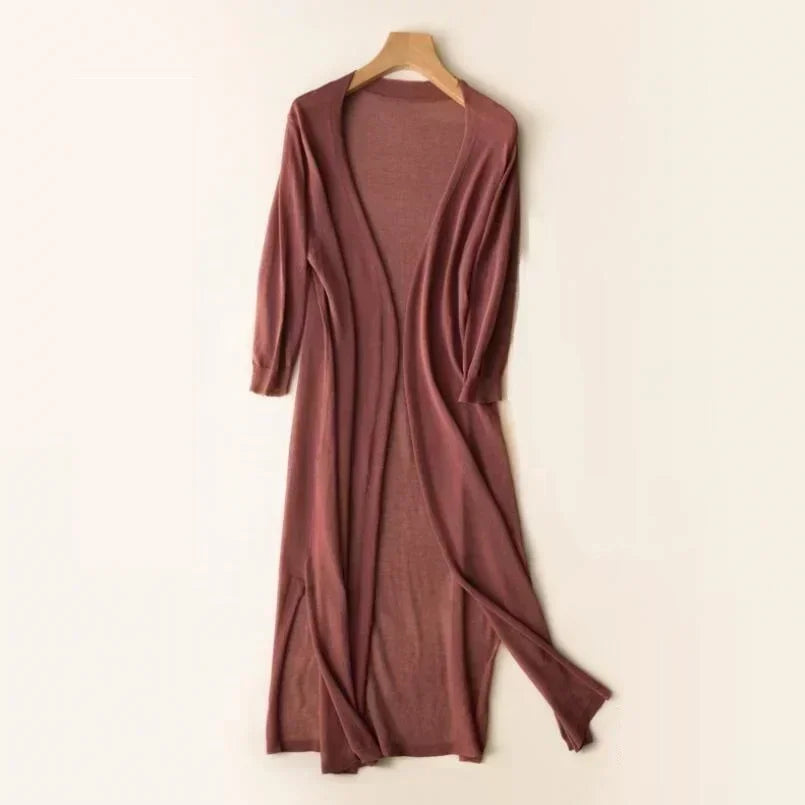 Women's Long Cardigan with Open Front and Long Sleeves