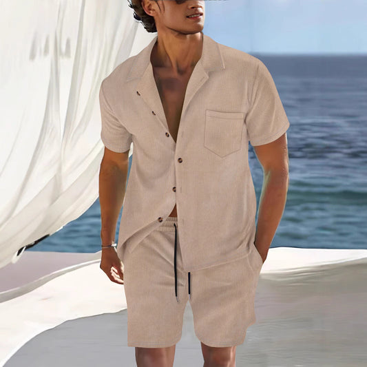 Men's Cuban Collar Short-Sleeve Shirt and Shorts Two-Piece Set