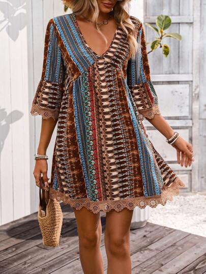 Women's V-Neck Boho Print Mini Dress with Lace Trim and 3/4 Sleeves