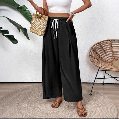 Women's Wide-Leg Pants with Elastic Drawstring Waist and Pockets