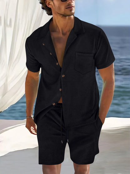 Men's Cuban Collar Short-Sleeve Shirt and Shorts Two-Piece Set