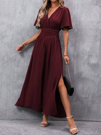 Women's Short-Sleeve Maxi Dress with V-Neck and Side Slit Design