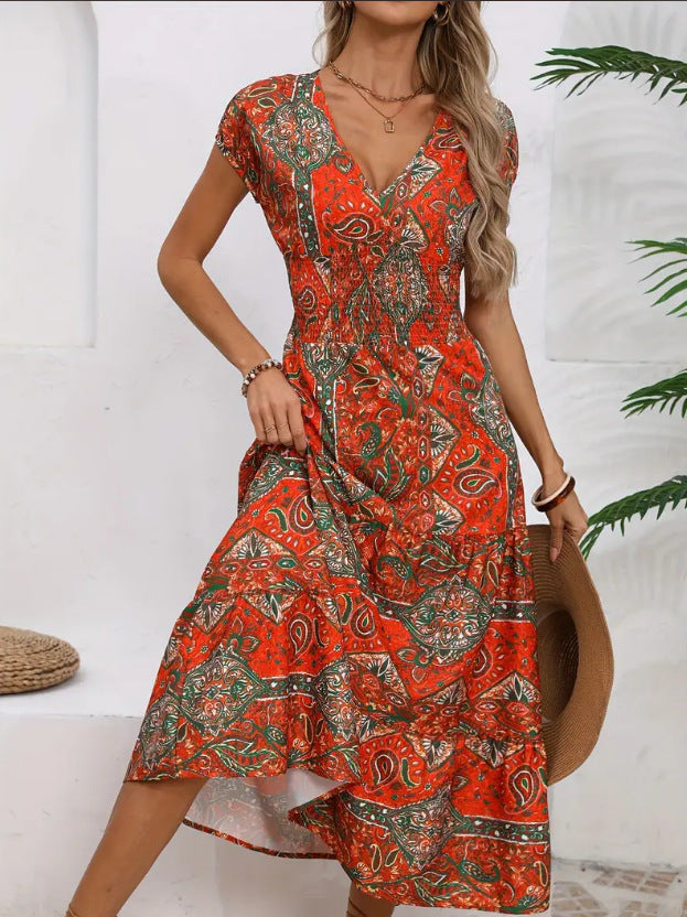 Women's V-Neck Midi Dress with Tiered Skirt and Flowy A-Line Fit