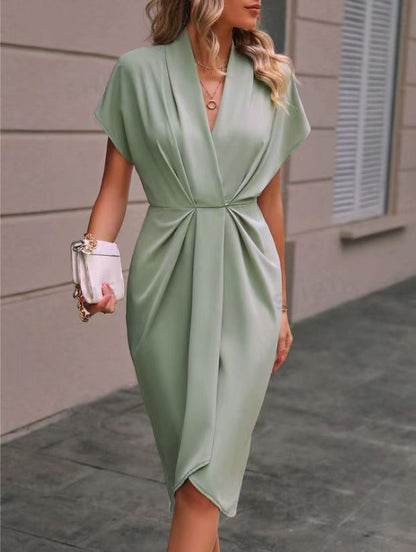 Women's Wrap Midi Dress with V-Neck and Draped Front Detail